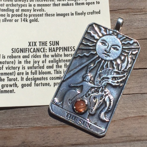 Sun Tarot Card Pendant .925 Sterling Silver w/ genuine Sunstone gem Made in USA - Picture 13 of 16